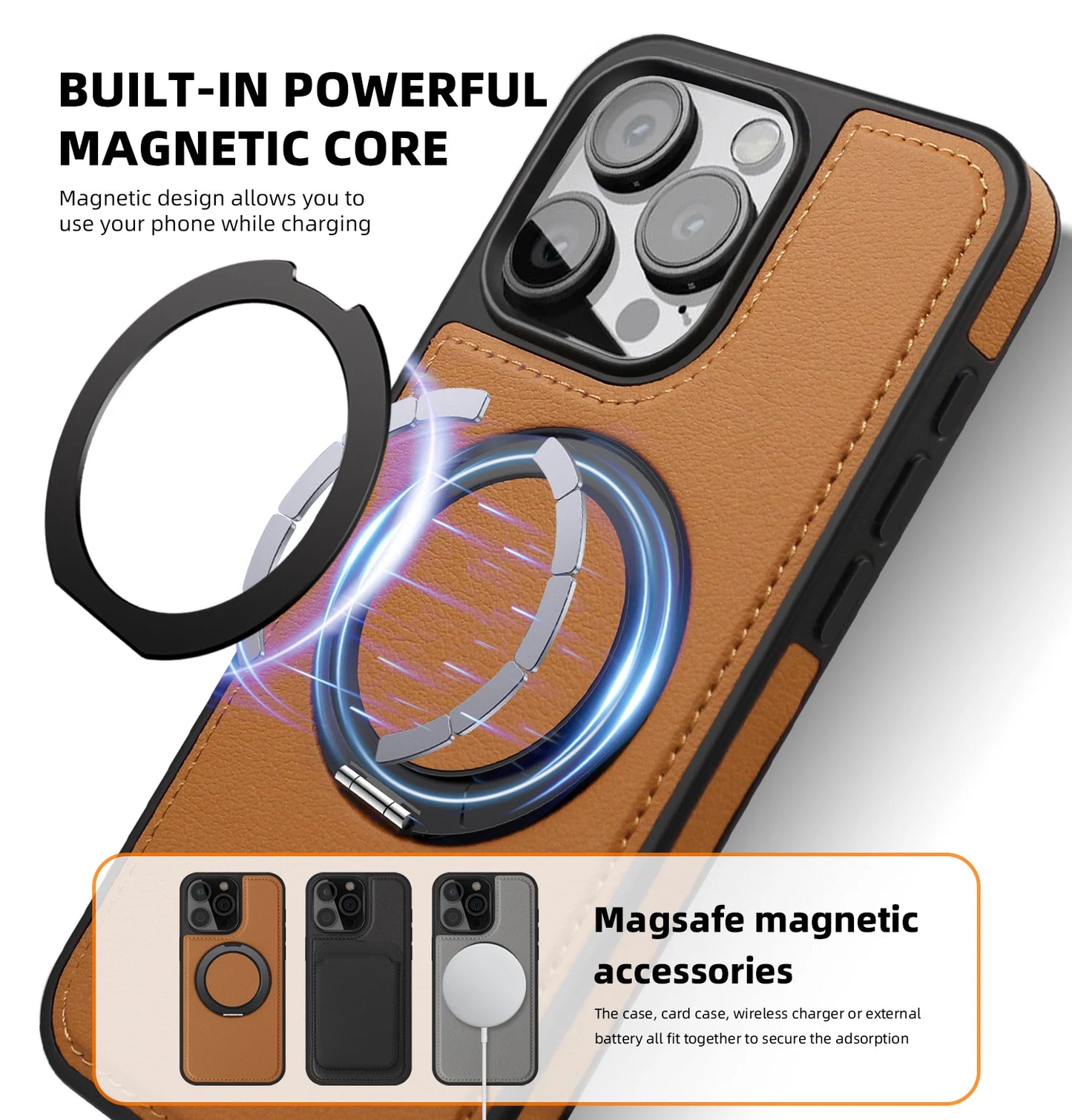 360 ° Ring Stand Leather For Magsafe Magnetic iPhone Case