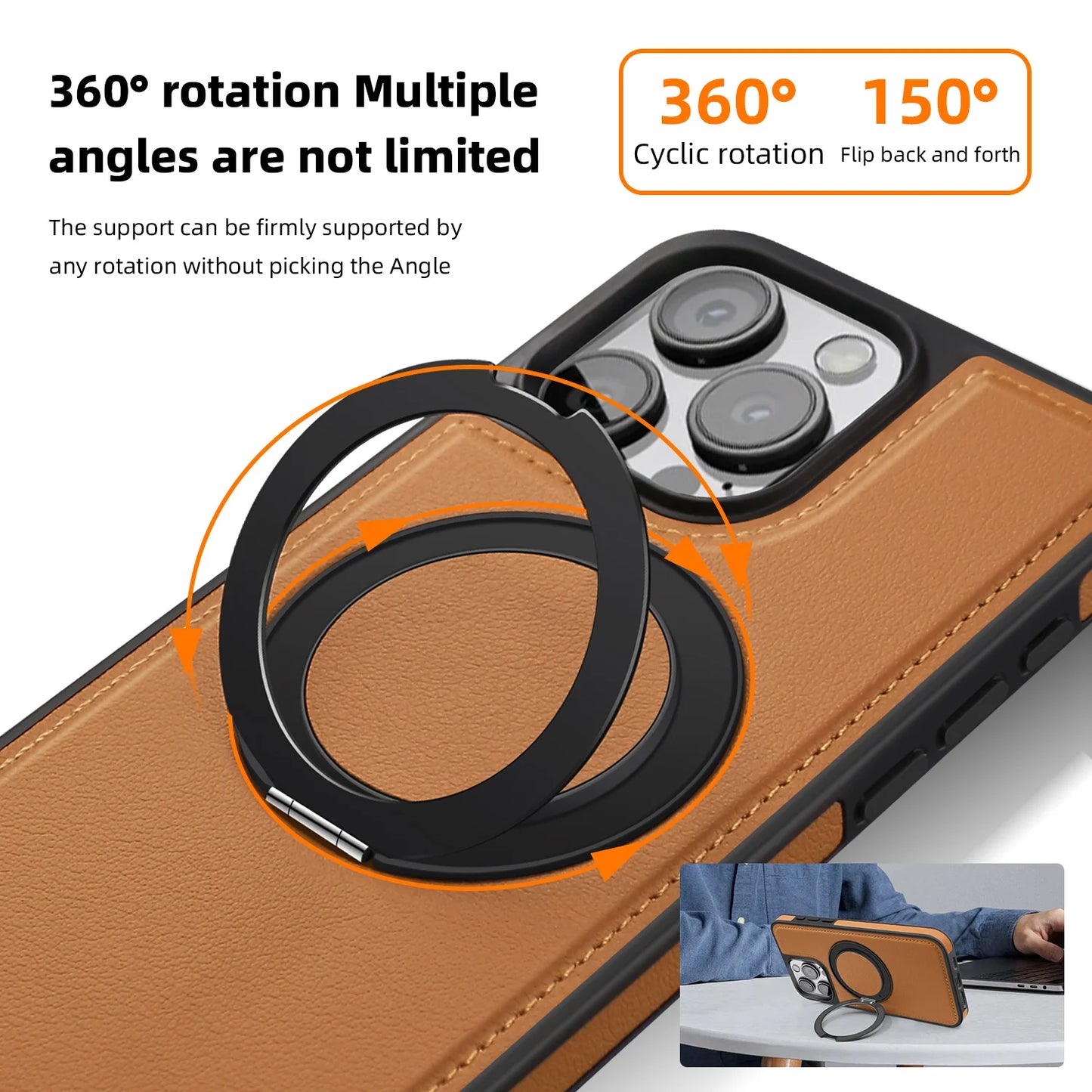 360 ° Ring Stand Leather For Magsafe Magnetic iPhone Case