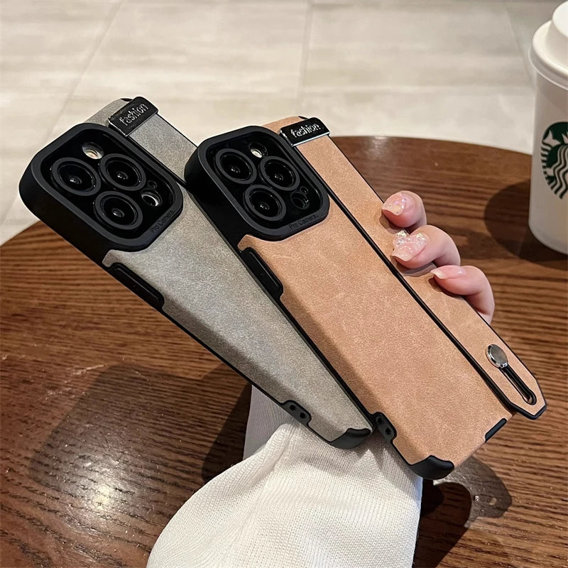 Luxury Suede Lambskin Leather Wrist Strap Holder Case For iPhone