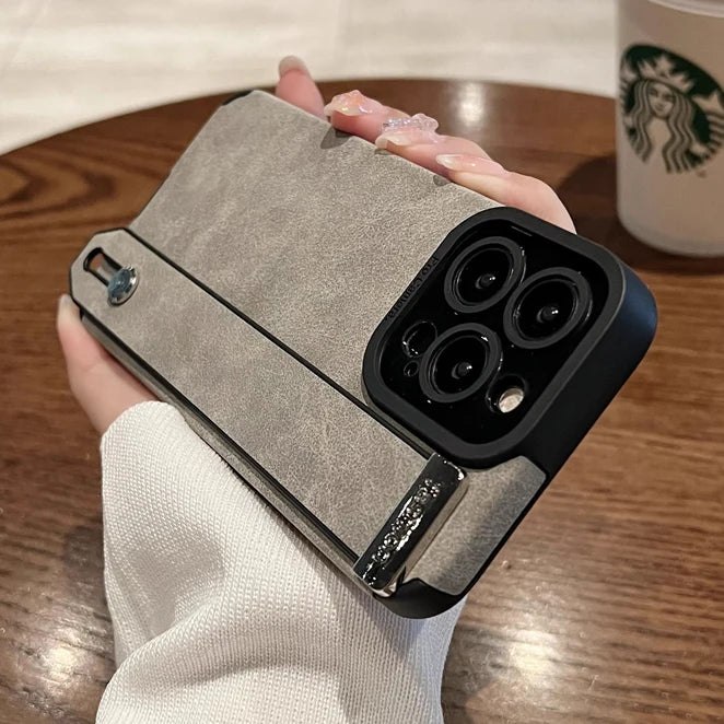 Luxury Suede Lambskin Leather Wrist Strap Holder Case For iPhone