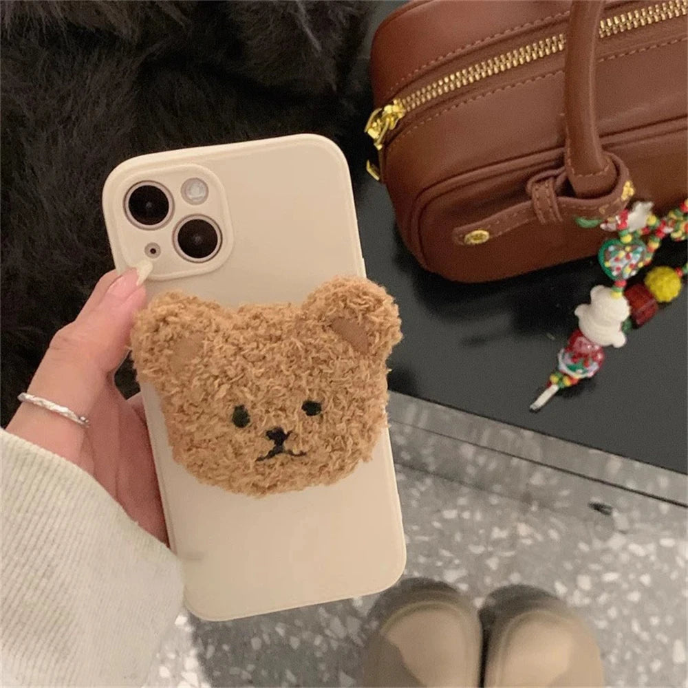 Korea Cute Warm Plush Bear For Magsafe Magnetic Phone Griptok Grip Tok Stand For iPhone Wireless Charging Holder Bracket Ring