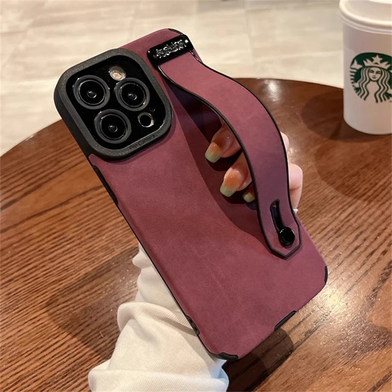 Luxury Suede Lambskin Leather Wrist Strap Holder Case For iPhone