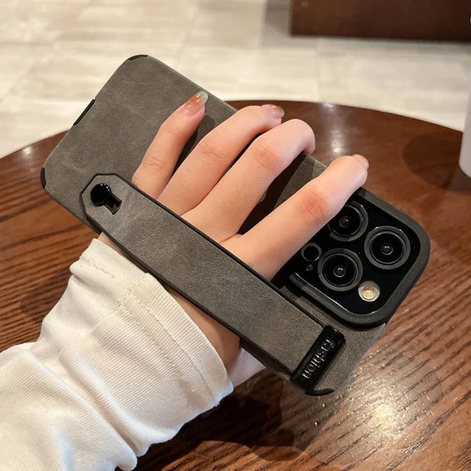 Luxury Suede Lambskin Leather Wrist Strap Holder Case For iPhone