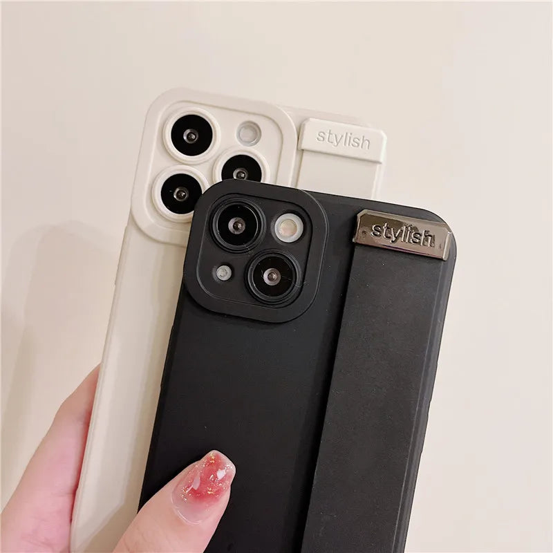 Korea Solid Wrist Strap Kickstand Soft Case For iPhone