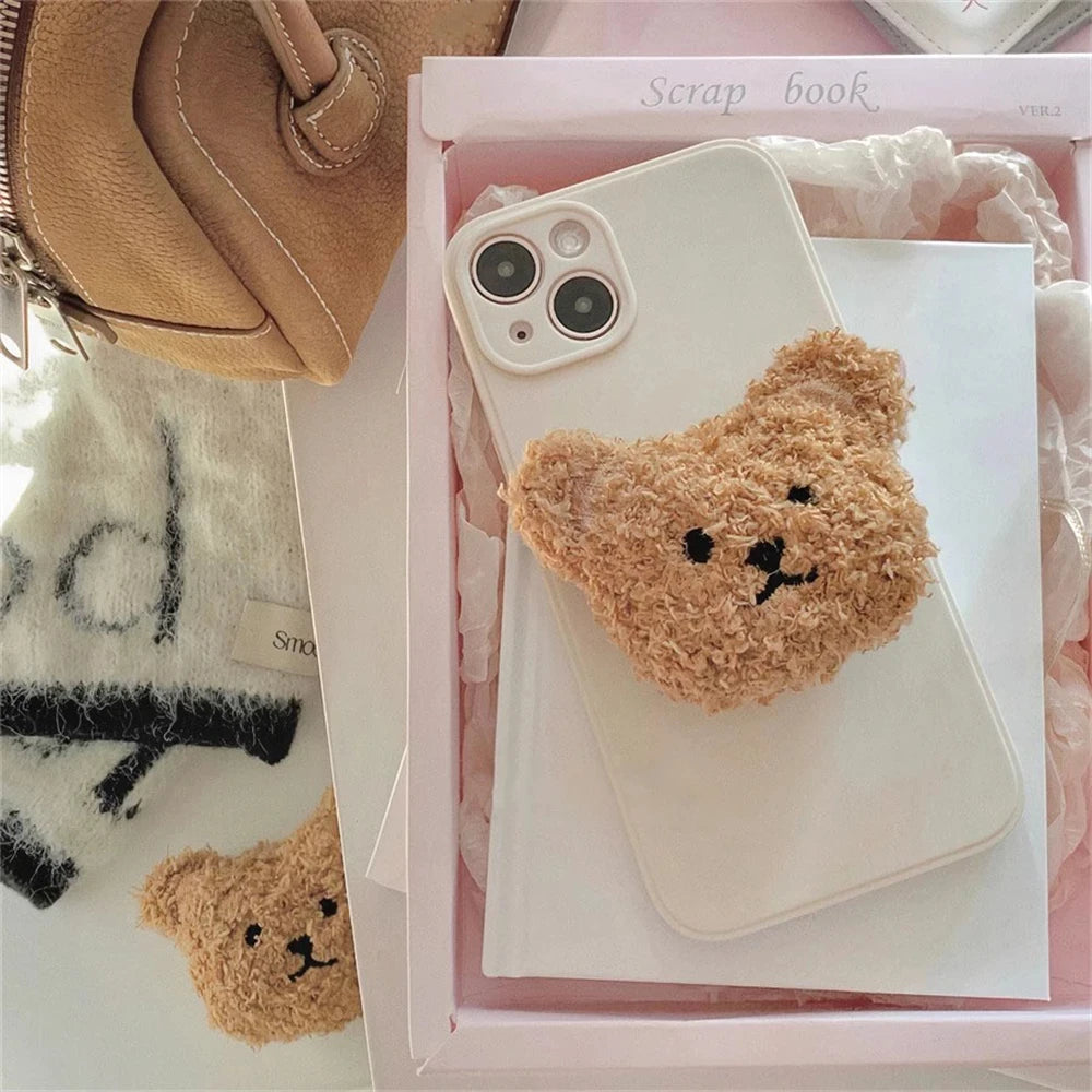 Korea Cute Warm Plush Bear For Magsafe Magnetic Phone Griptok Grip Tok Stand For iPhone Wireless Charging Holder Bracket Ring